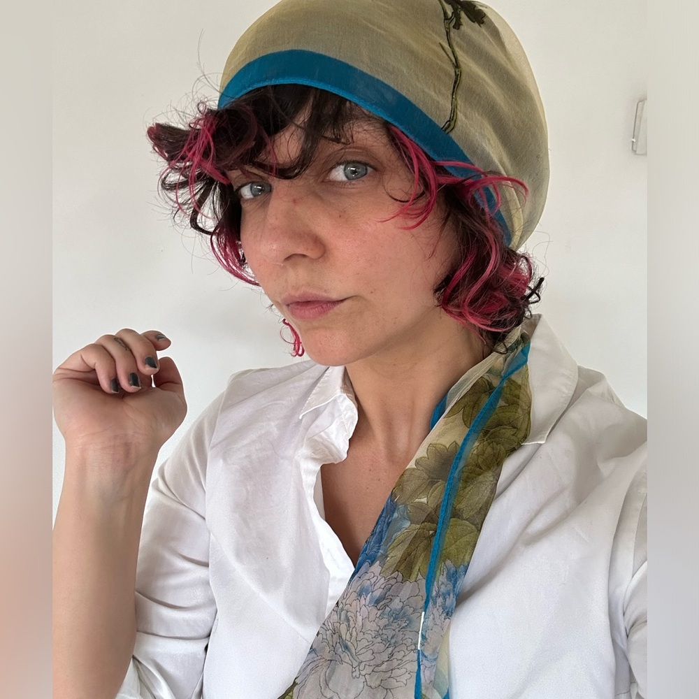 Floral Scarf with Beige and Blue Accents